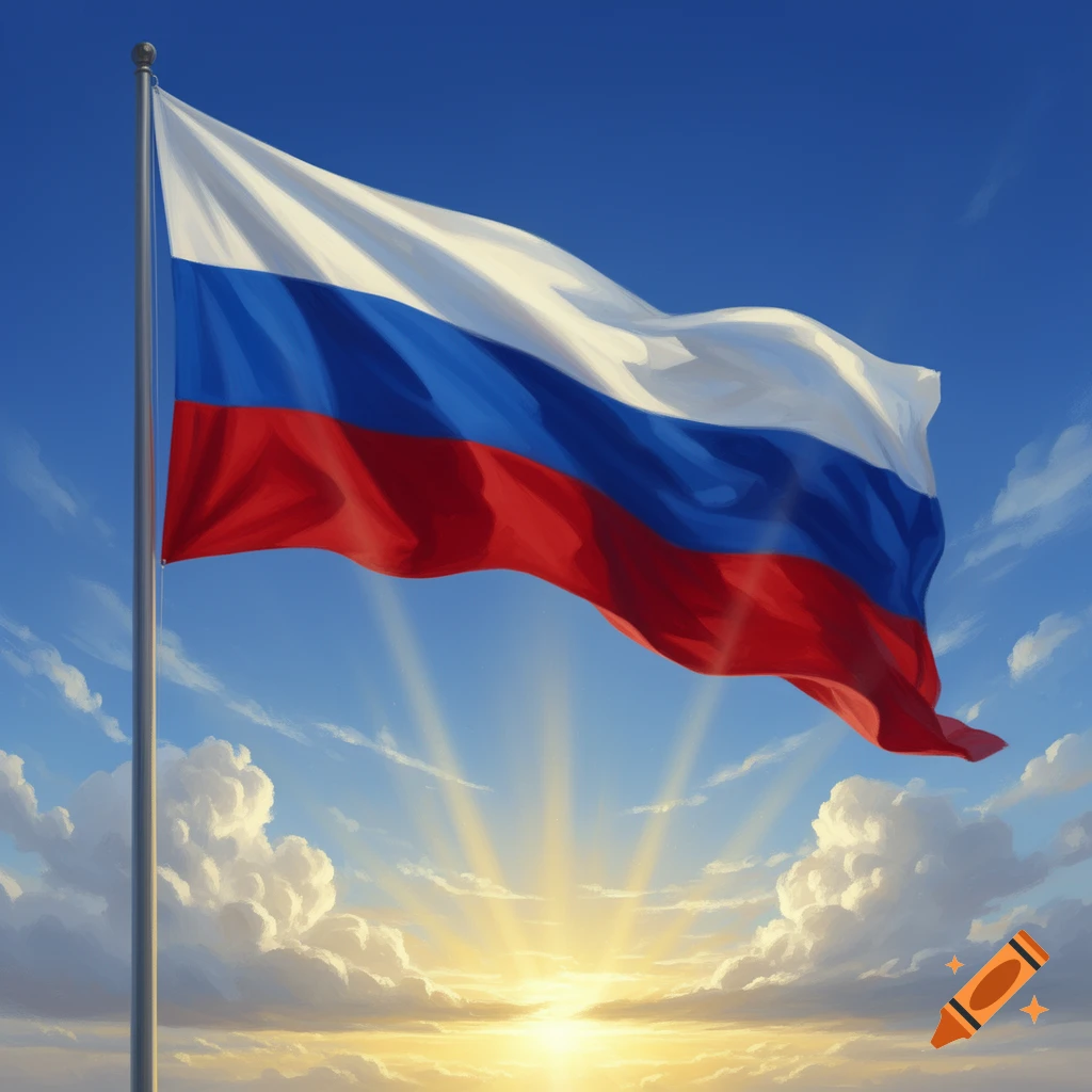 The Russian flag waves against a vibrant blue sky with a glowing sunrise and scattered clouds.