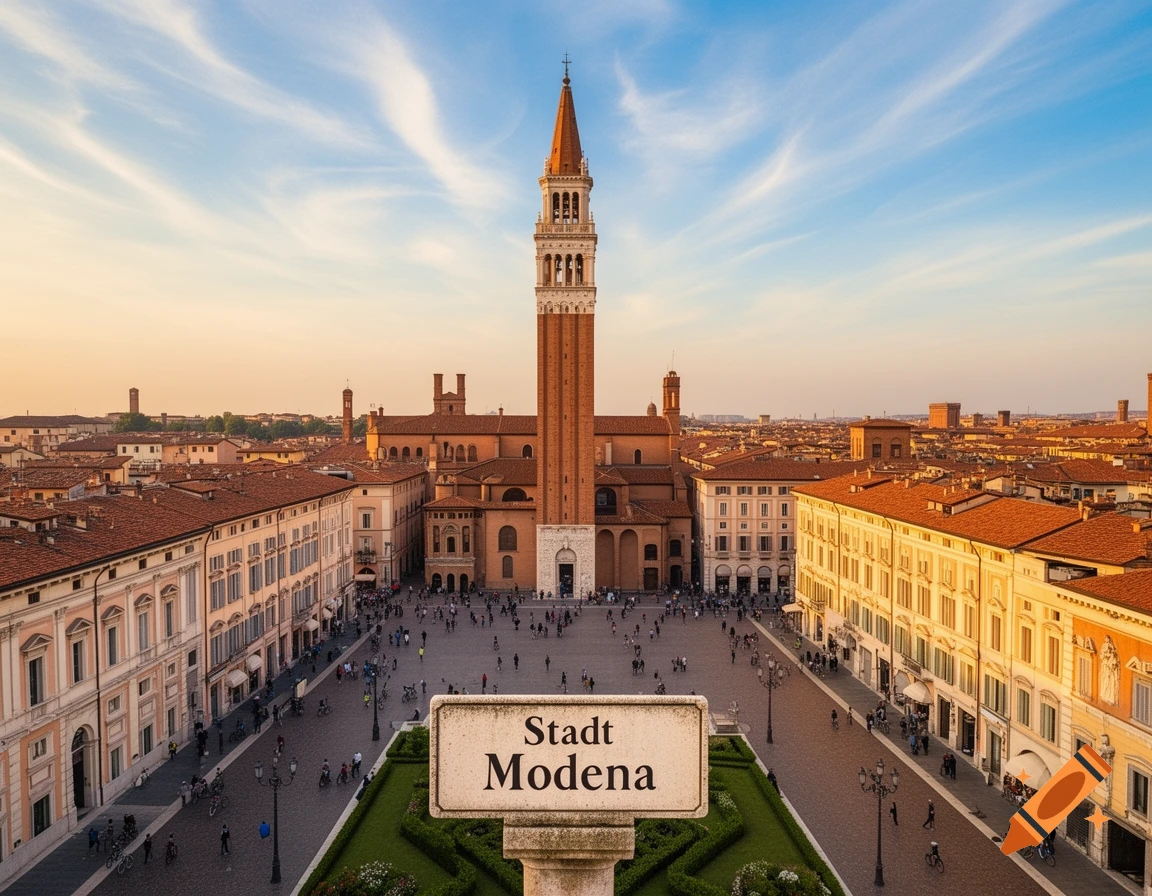 Photorealistic aerial view of Modena's historic city square at sunset, featuring a tall bell tower and surrounding buildings filled with people, with a sign reading 'Stadt Modena' in the foreground.