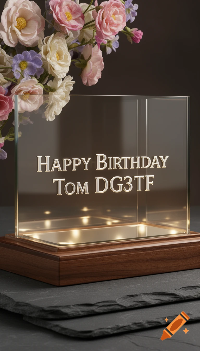 A photorealistic glass plaque with "HAPPY BIRTHDAY Tom DG3TF" engraved, set on a wooden base with warm lights and a bouquet of flowers above it.