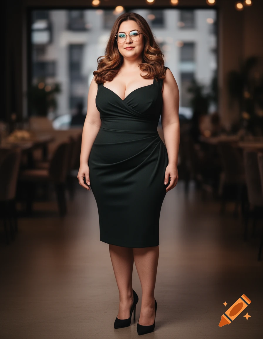 A curvy woman with wavy hair and glasses in a dark cocktail dress and stilettos, standing in a restaurant.