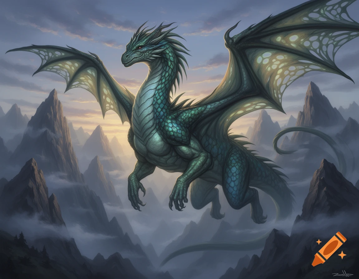A majestic teal-scaled dragon with large wings flies over misty mountains under a cloudy sky.