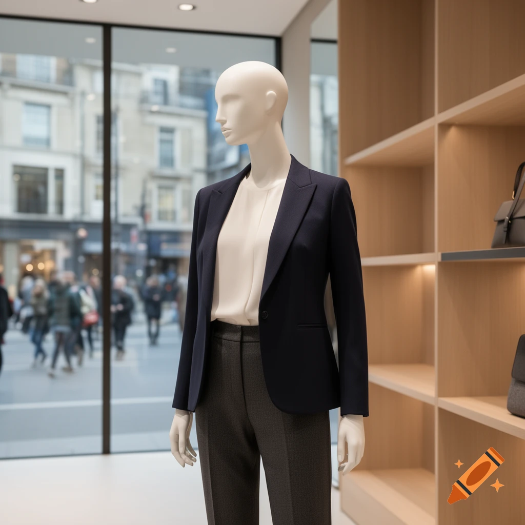 A mannequin wearing a dark blue blazer, white blouse, and gray trousers stands in a store window, with a blurred street scene visible outside.