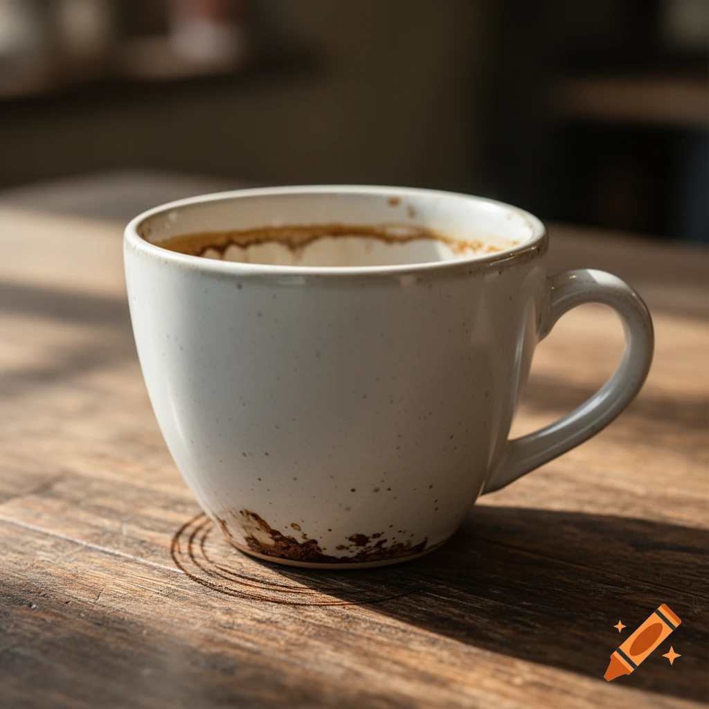 A white ceramic coffee cup with dark brown dregs and stains sits on a sunlit wooden table.