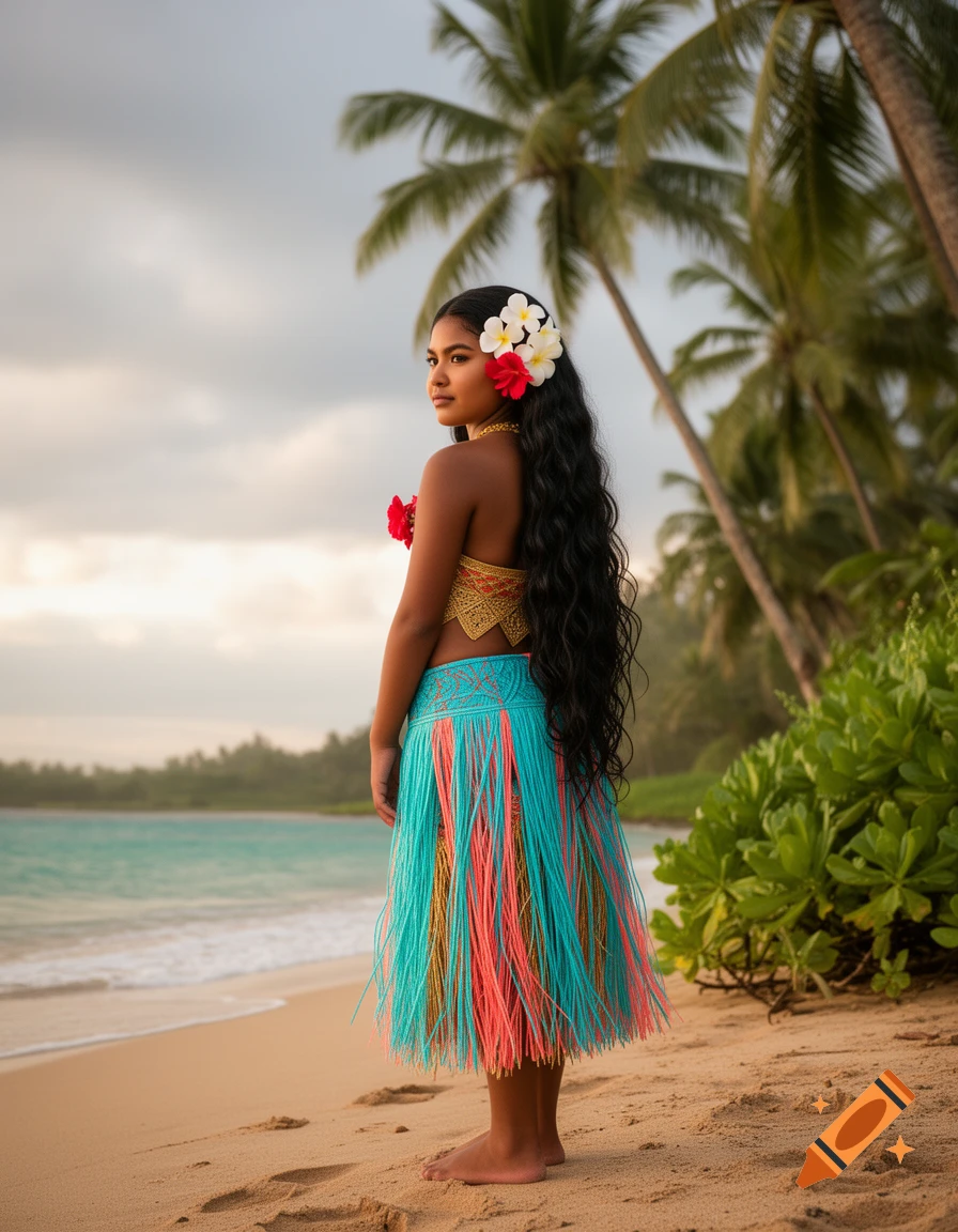 Young Polynesian woman in a traditional vibrant skirt and top with flowers in her long dark hair on a sandy beach at sunset.