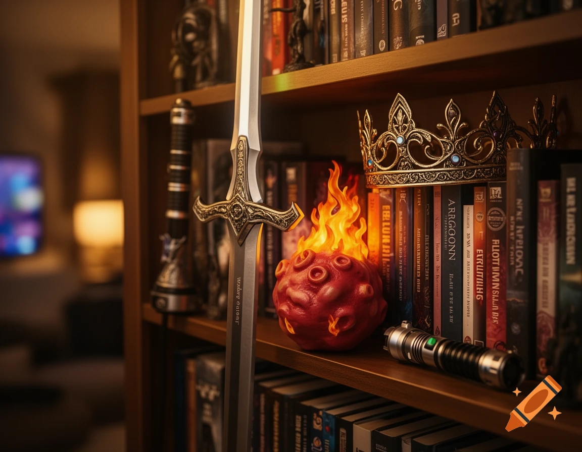A close-up of a bookshelf in warm lighting, displaying a fantasy sword, a golden crown, a red flaming orb, and a lightsaber hilt among many books. Photorealistic.