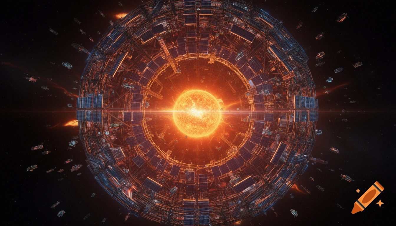 A massive, partially built Dyson Sphere with a bright central star and many spacecraft in deep space.