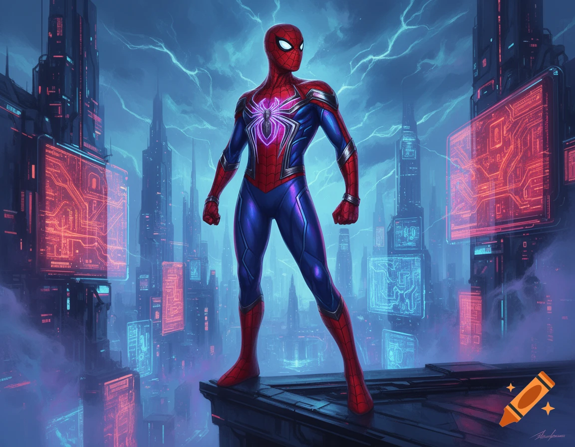 Spider-Man in a glowing red and blue suit stands on a rooftop overlooking a futuristic cyberpunk city with neon lights and electrical currents.