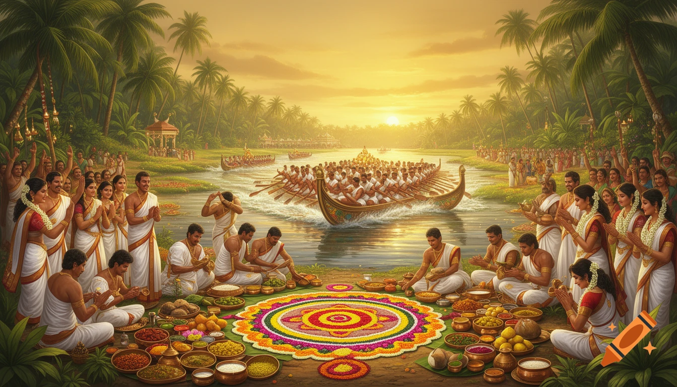 A vibrant illustration of the Onam festival in South India, featuring a crowded snake boat race on a river at sunset, surrounded by people in traditional attire engaged in rituals and food offerings. Lush palm trees line the banks.