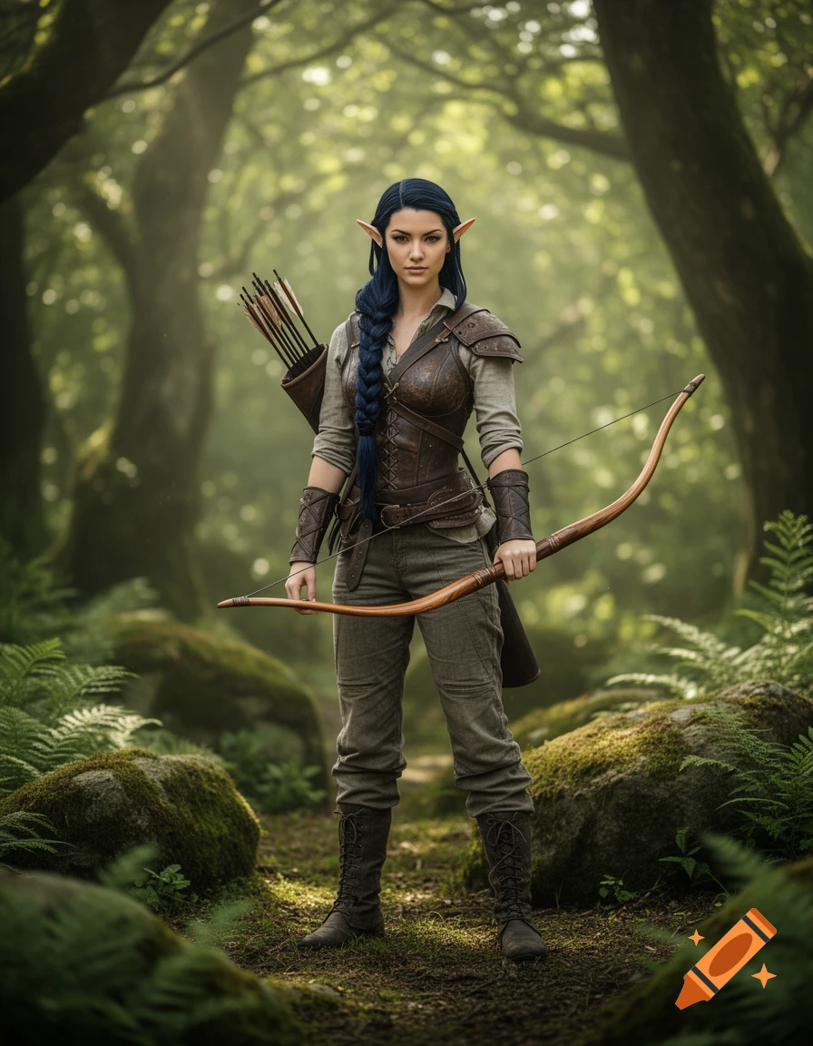 A photorealistic image of an elf woman with dark braided hair, dressed in leather armor and travel clothes, standing in a forest, holding a wooden bow.