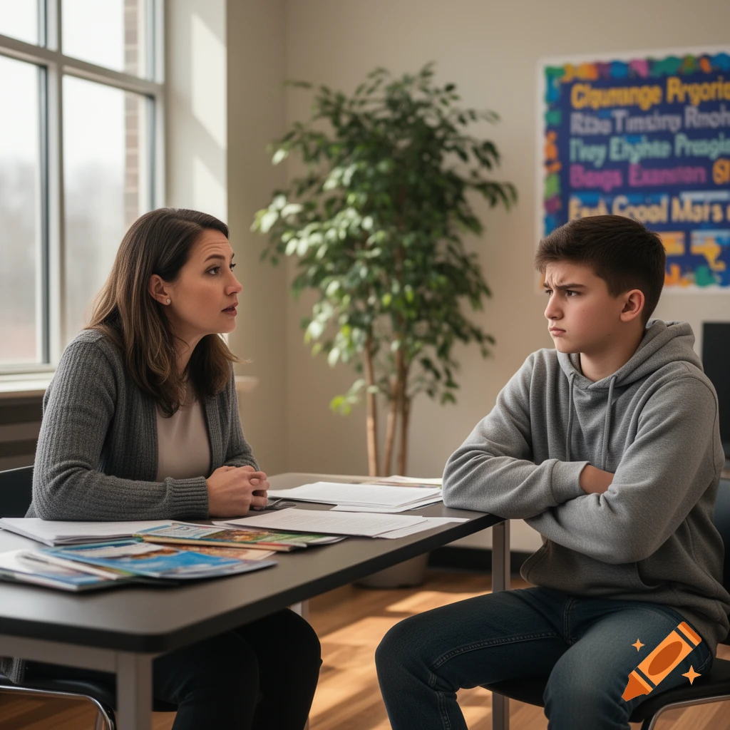 A woman talks to a teenage boy with his arms crossed at a table, appearing to be in a counseling session.