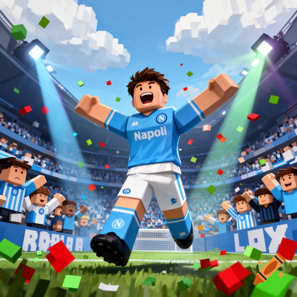 Roblox-style soccer player in a light blue Napoli jersey celebrates a goal in a stadium with falling confetti.