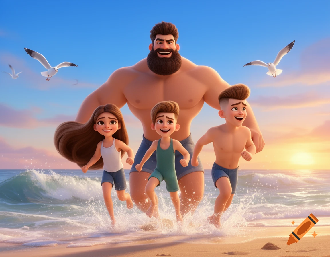 An animated family, including a muscular father, a mother, and two sons, runs joyfully through the shallow ocean water on a sandy beach at sunset, with seagulls flying overhead.