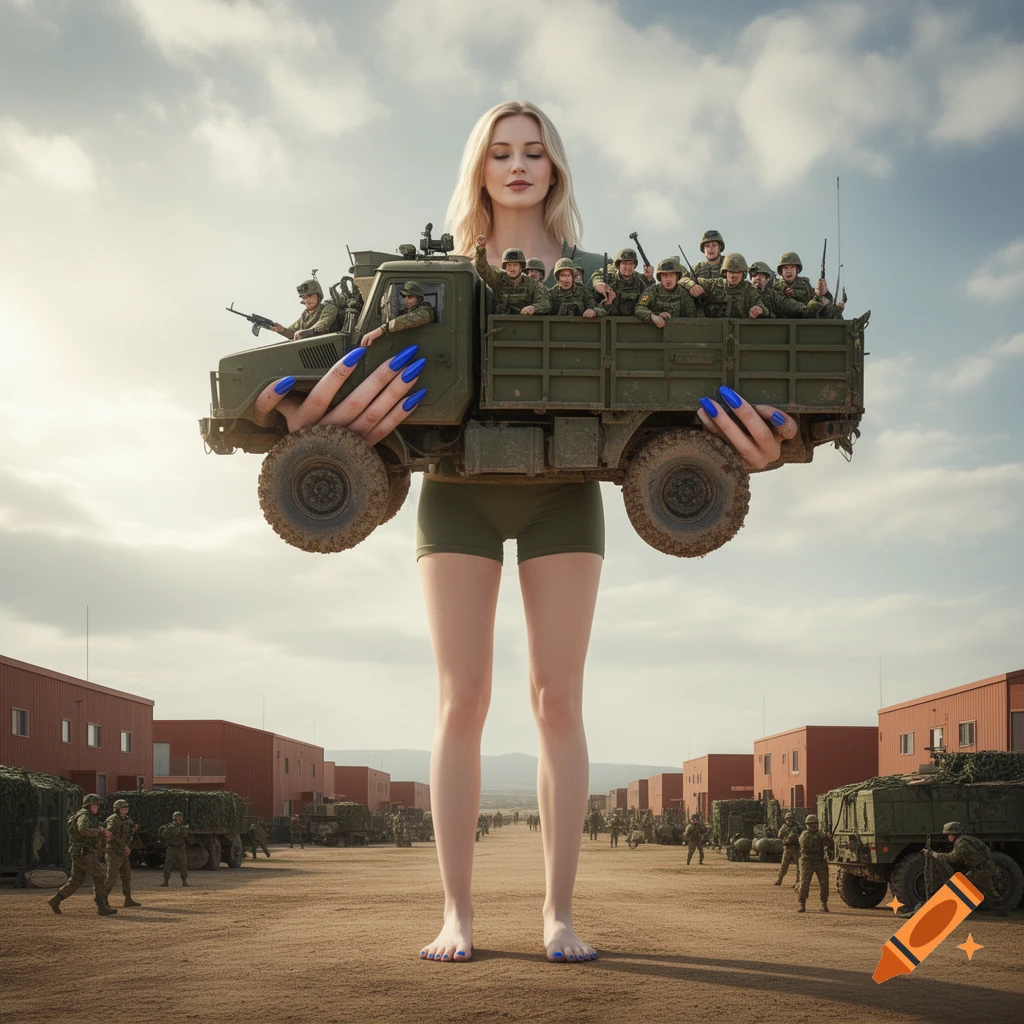 A giant blonde woman with blue nails holds a military truck full of soldiers in a desert military base, photorealistic.