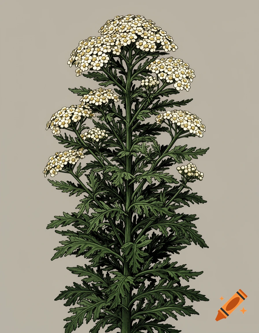 A detailed botanical illustration of a yarrow plant with white flowers and green leaves, rendered in a manga art style.