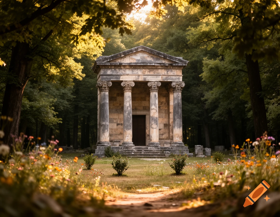 A sunlit ancient stone temple with columns in a lush forest, with a path leading to it and wildflowers in the foreground.