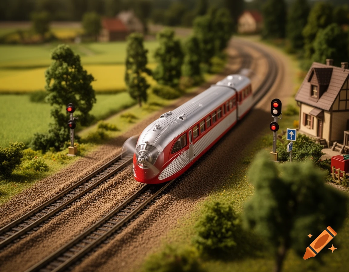 A silver and red model propeller train on a miniature railway track, winding through a green landscape with trees and a small house.
