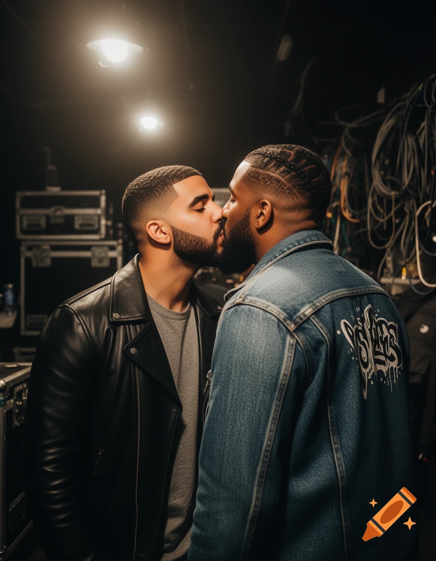 Two men with beards kiss in a backstage area with bright lights and a tangle of cables in the background, photorealistic.