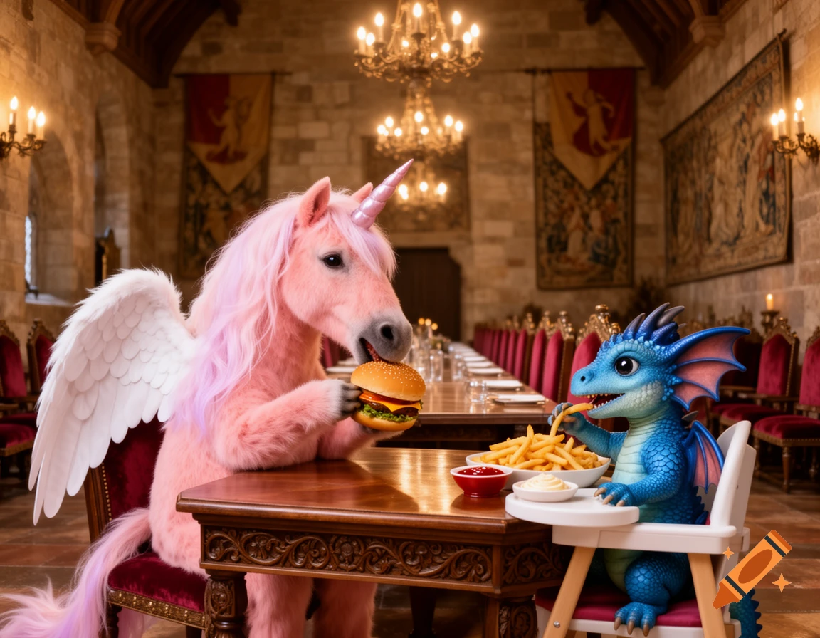 A pink winged unicorn eats a cheeseburger across from a blue baby dragon eating fries in a grand castle dining hall.