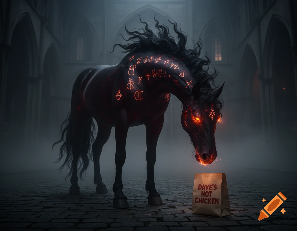 A dark, demonic horse with glowing red eyes and fiery symbols looks down at a Dave's Hot Chicken bag in a misty gothic setting.