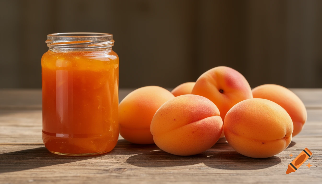 A glass jar of apricot jam next to fresh apricots on a wooden table, lit by sunlight.