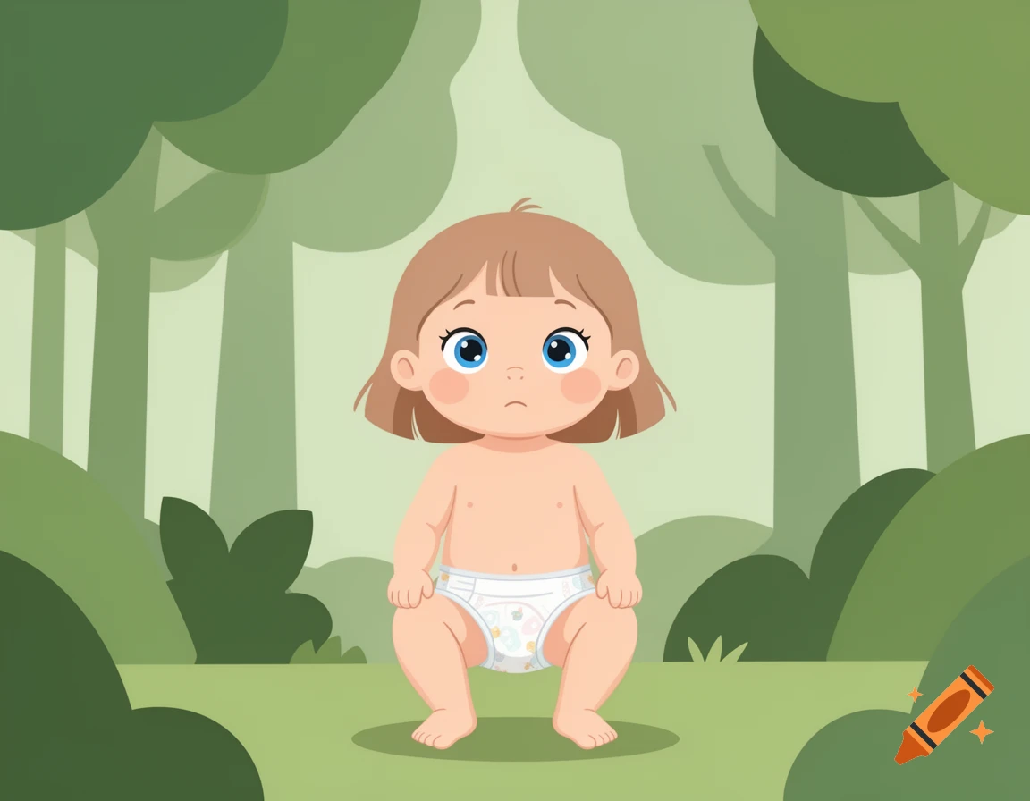 A cartoon baby girl with brown hair and blue eyes, wearing a white diaper, squats in a lush green forest.
