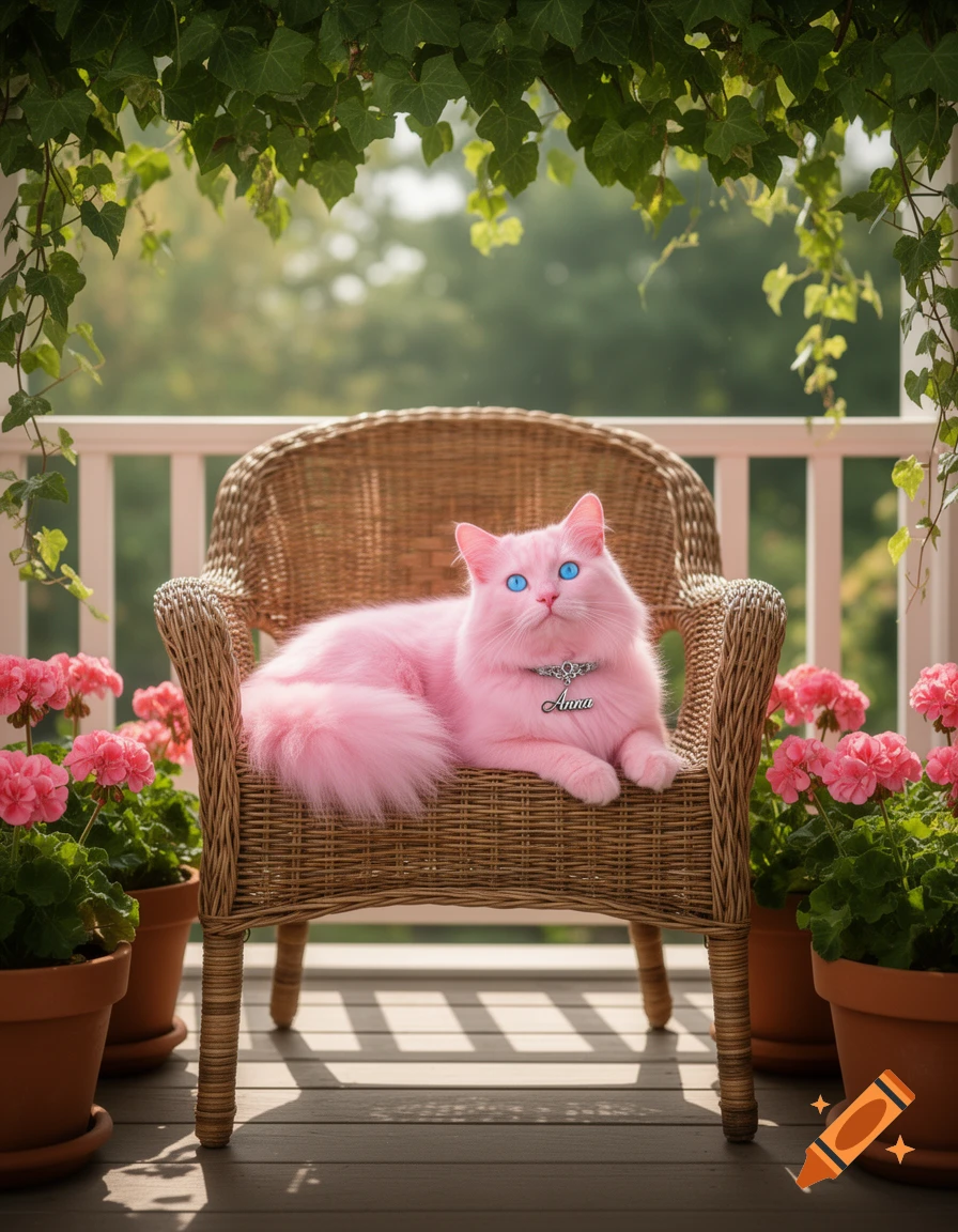 A fluffy pink cat with bright blue eyes rests on a wicker chair on a sunlit porch, surrounded by potted pink geraniums and green ivy.