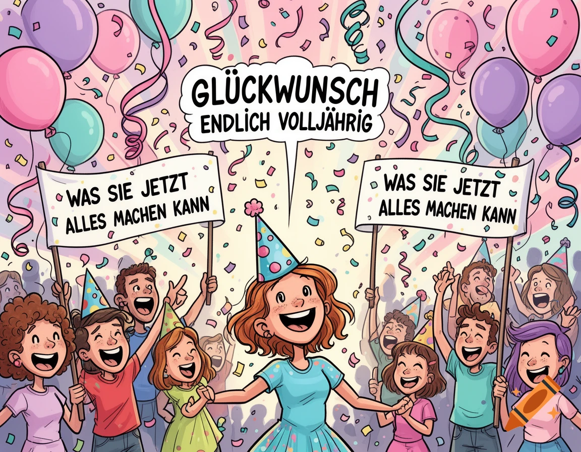 A vibrant comic illustration of a girl in a party hat celebrating her 18th birthday with friends and family, surrounded by balloons, confetti, and signs.