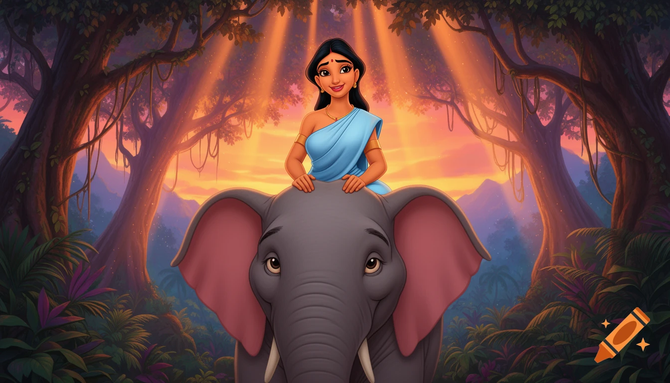 A beautiful Indian woman in a blue saree rides an elephant through a lush jungle at sunset, in Disney 2D animation style.