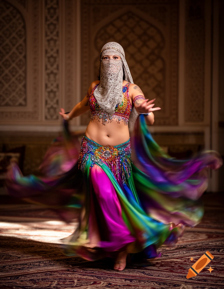 A belly dancer wearing a niqab and a vibrant, bejeweled costume with a flowing rainbow skirt dances indoors.