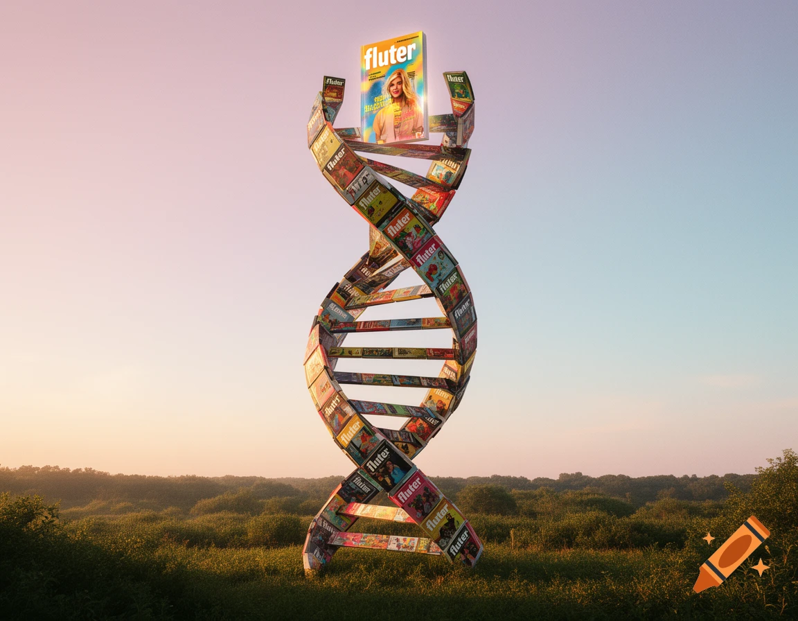 A giant DNA double helix structure made of "fluter" magazine covers, standing in a lush green field under a clear sky with a soft sunset glow.