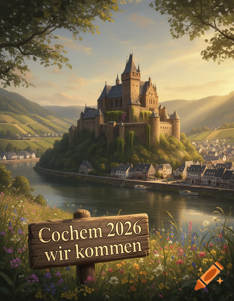 Reichsburg Cochem castle overlooking the Moselle River and vineyards, with a sign reading "Cochem 2026 wir kommen" in the foreground.