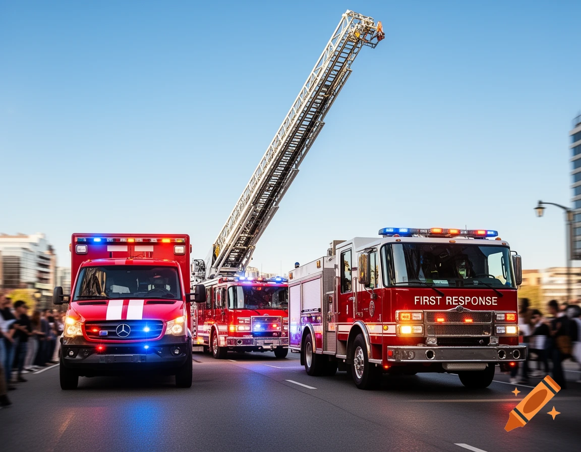 Three emergency vehicles, including an ambulance and two fire trucks with flashing lights, drive down a city street.