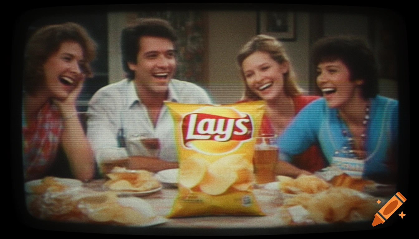 A group of friends laughing around a table with a bag of Lay's chips, seen through a grainy, low-quality VHS filter.