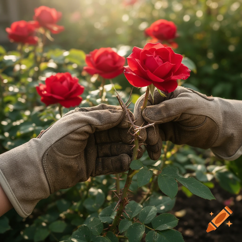 Two gloved hands carefully tend to a thorny red rose stem in a sunny garden.