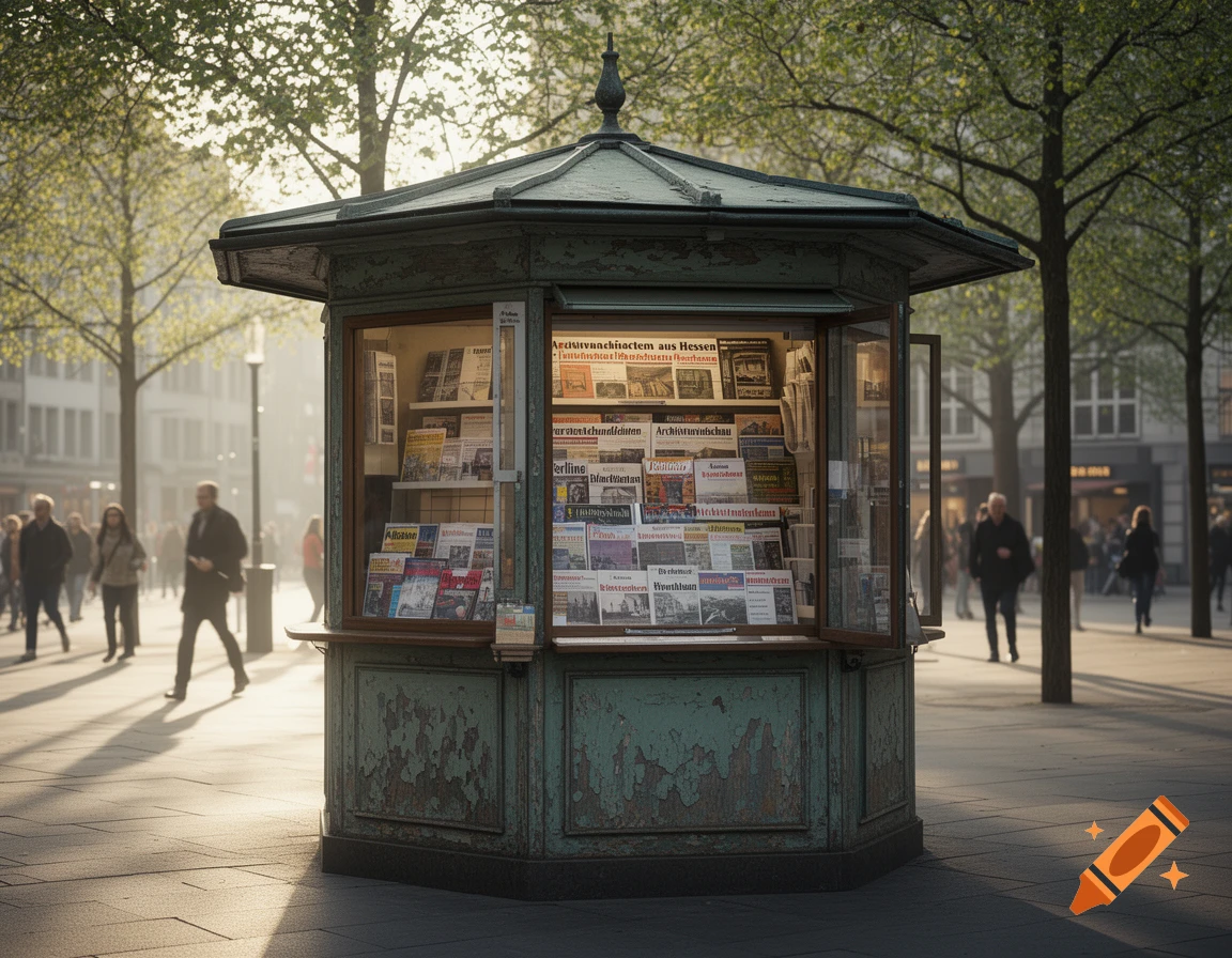 A vintage green newsstand, also known as a kiosk, on a sunny city street, displaying magazines and newspapers, with blurred people and trees in the background. Photorealistic style.