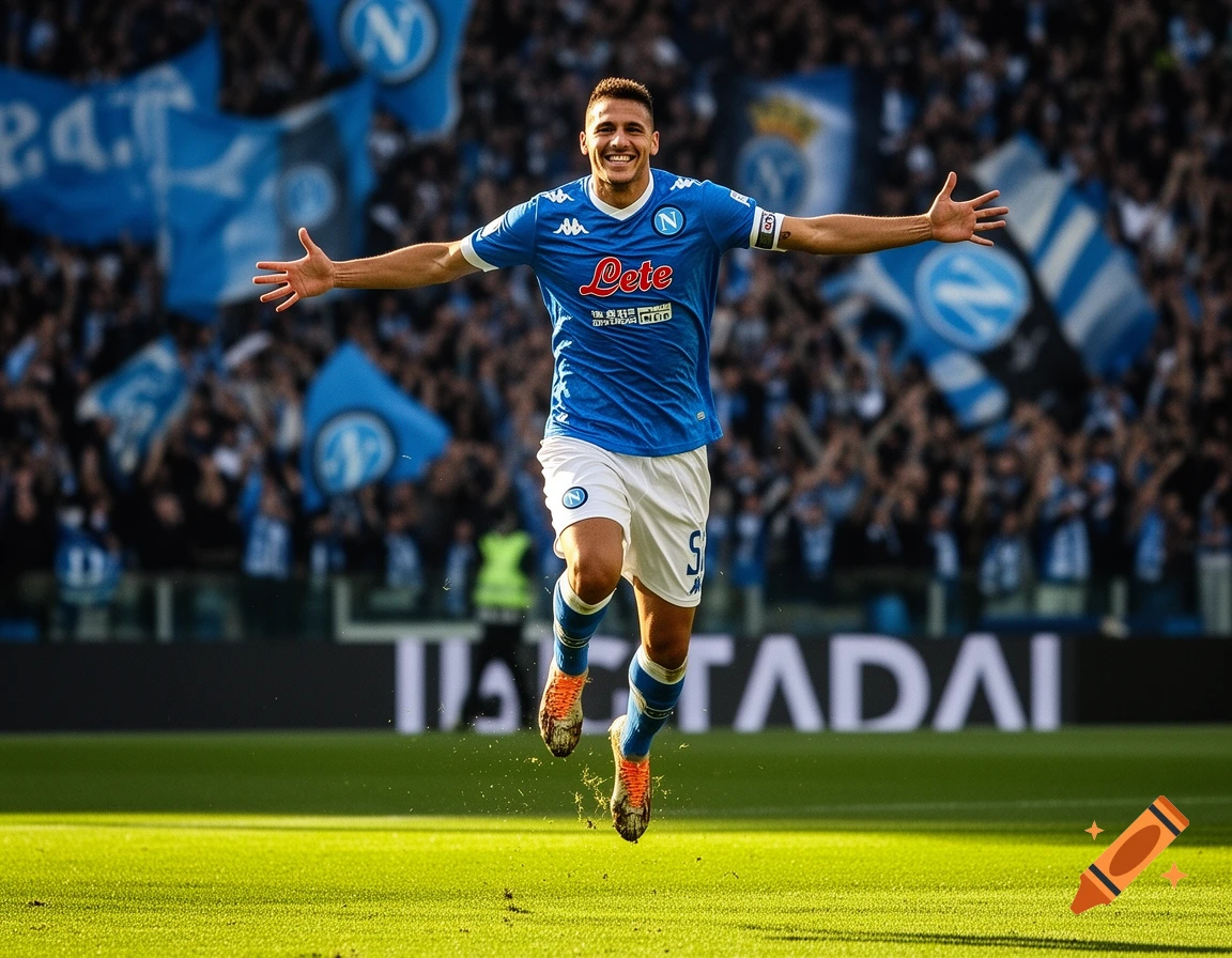 A smiling male soccer player in a blue and white Napoli uniform celebrates on a green field with outstretched arms, a crowd cheering in the background.