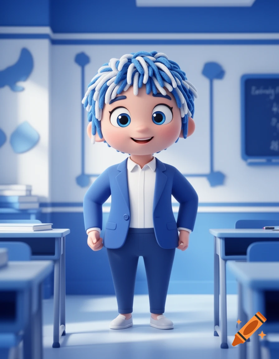 A 3D cartoon character with blue and white hair, wearing a blue suit, stands in a blue and white classroom.