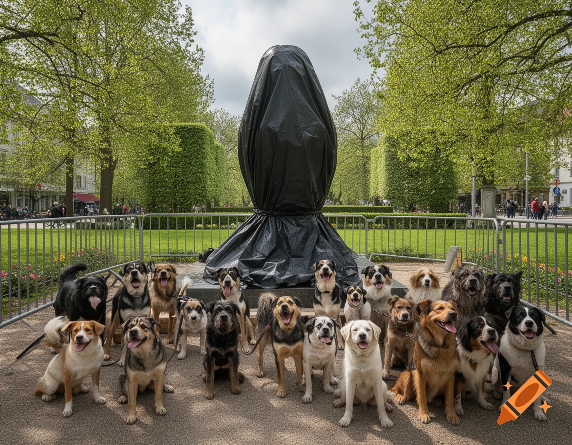 A large group of happy dogs posing in a park in front of a statue covered with a black tarp.