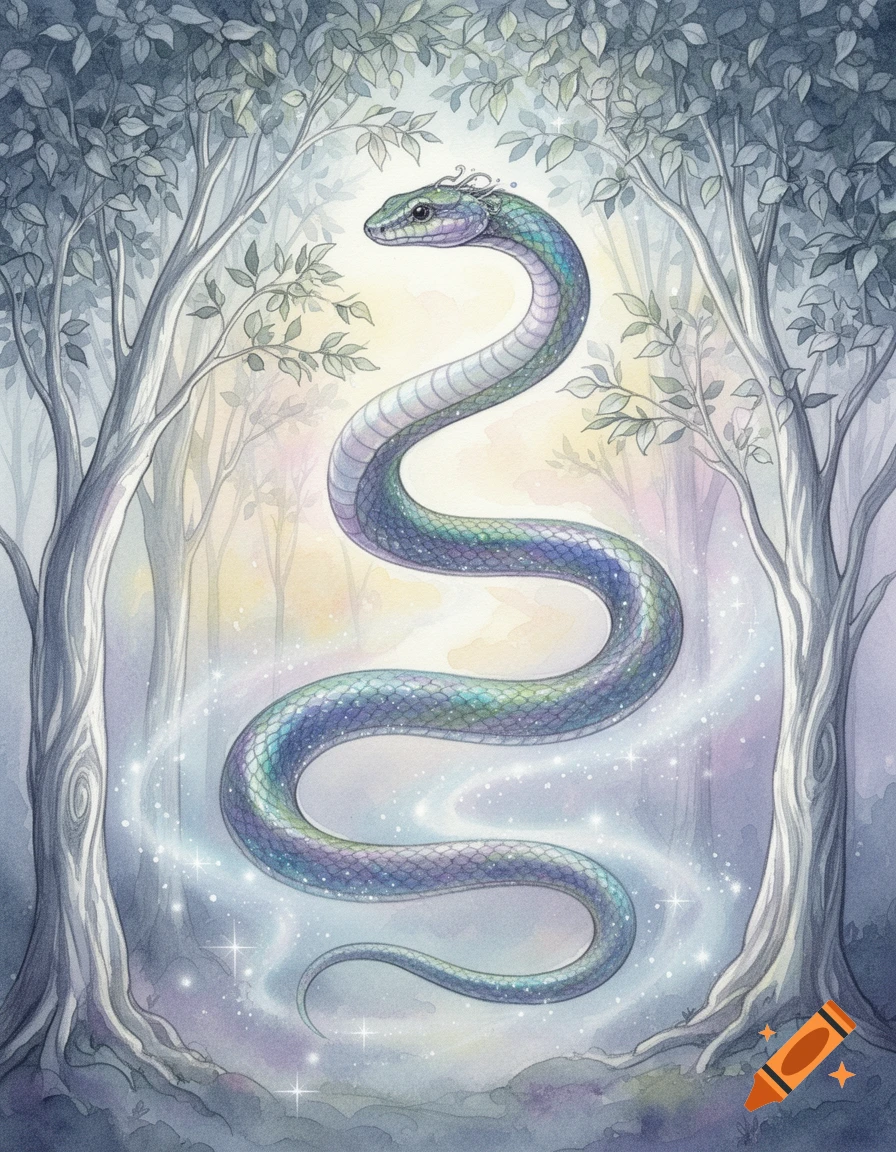 Iridescent fantasy serpent coils between two trees in a dreamy, magical watercolor forest scene.