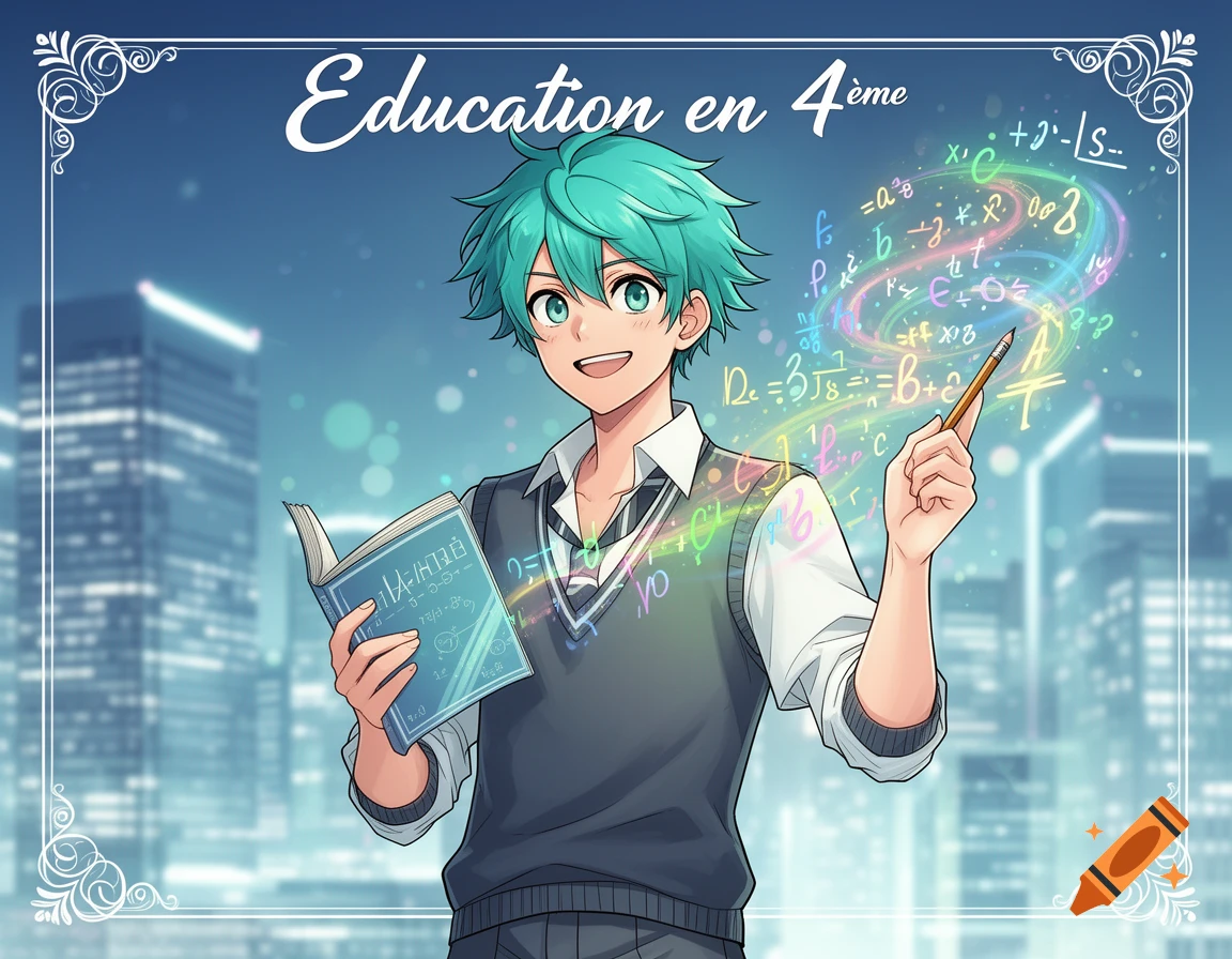 An anime-style male student with teal hair and green eyes holds a blue textbook and a pencil, surrounded by floating math equations, in front of a city skyline at dusk.