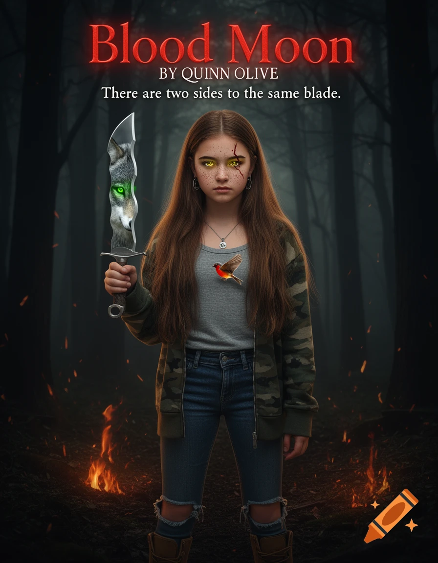 A young girl with long brown hair, glowing eyes, and a scarred face holds a wavy dagger with a wolf's reflection, standing in a dark forest with fire. Text reads 'Blood Moon'.