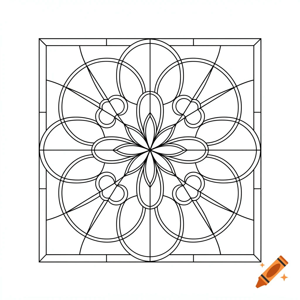 A black and white line drawing of a symmetrical, ornate stained glass pattern, ideal for a coloring page.
