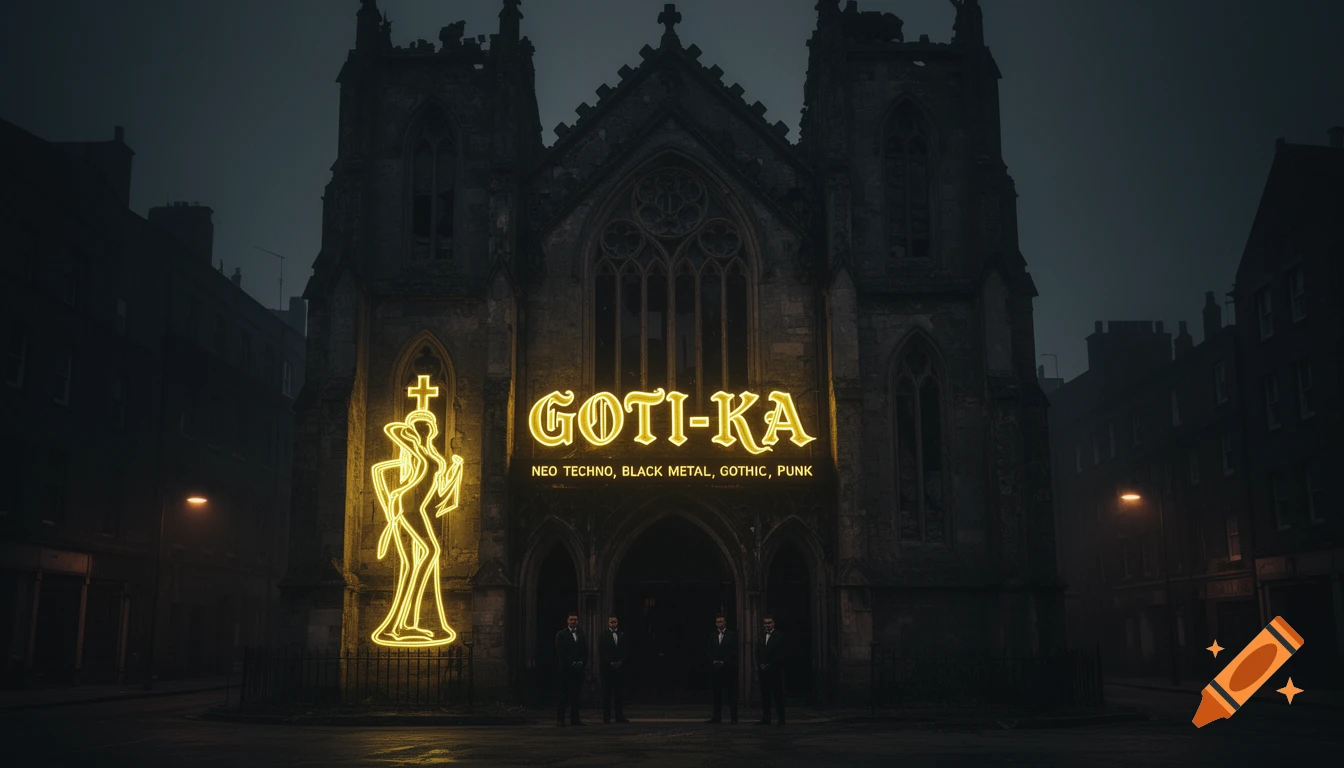 Gothic church at night with yellow neon 'GOTI-KA' sign and stylized woman, four men in suits guard the entrance.