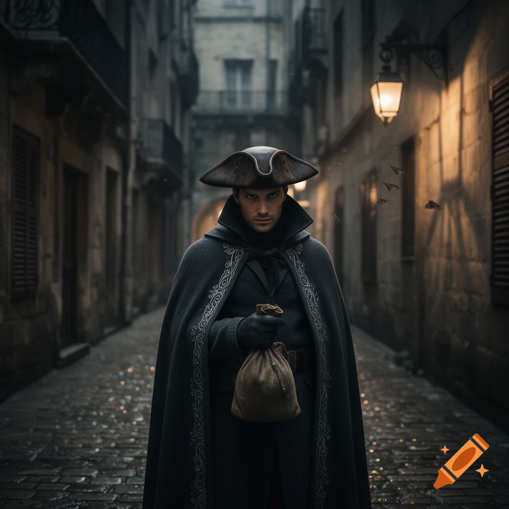 A serious man in a dark cape and tricorn hat holds a money bag in a narrow, lantern-lit cobblestone alley, photorealistic.