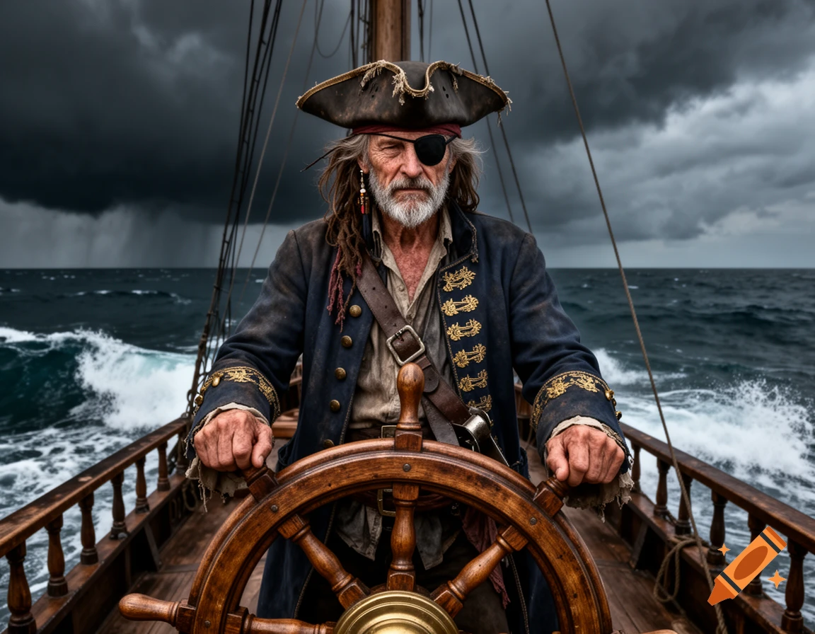 A photorealistic image of an old, weathered pirate with an eye patch and a long white beard steering a wooden ship in a stormy sea.