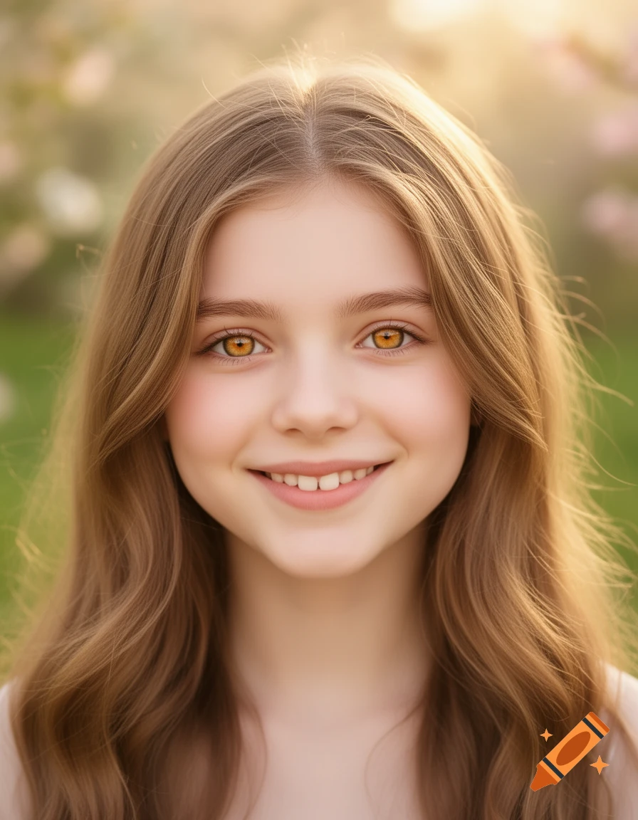 Close-up portrait of a smiling girl with long light brown hair and distinctive honey-colored eyes, set against a soft, sunlit garden background.