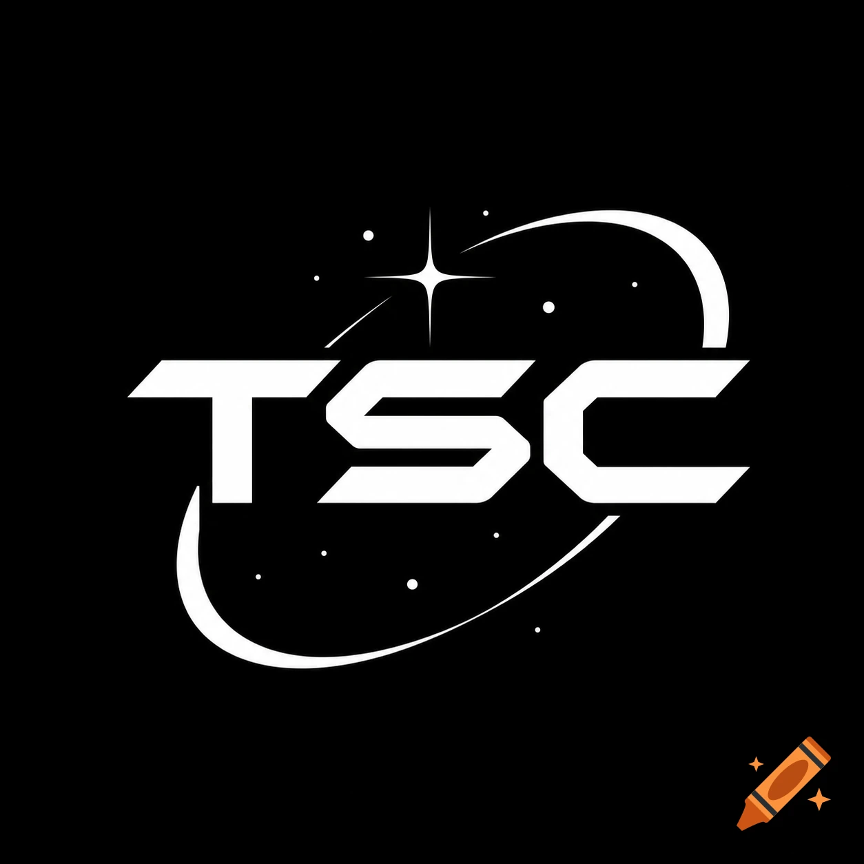 Black and white logo with the letters "TSC" in a futuristic font, framed by white orbiting arcs and small stars.