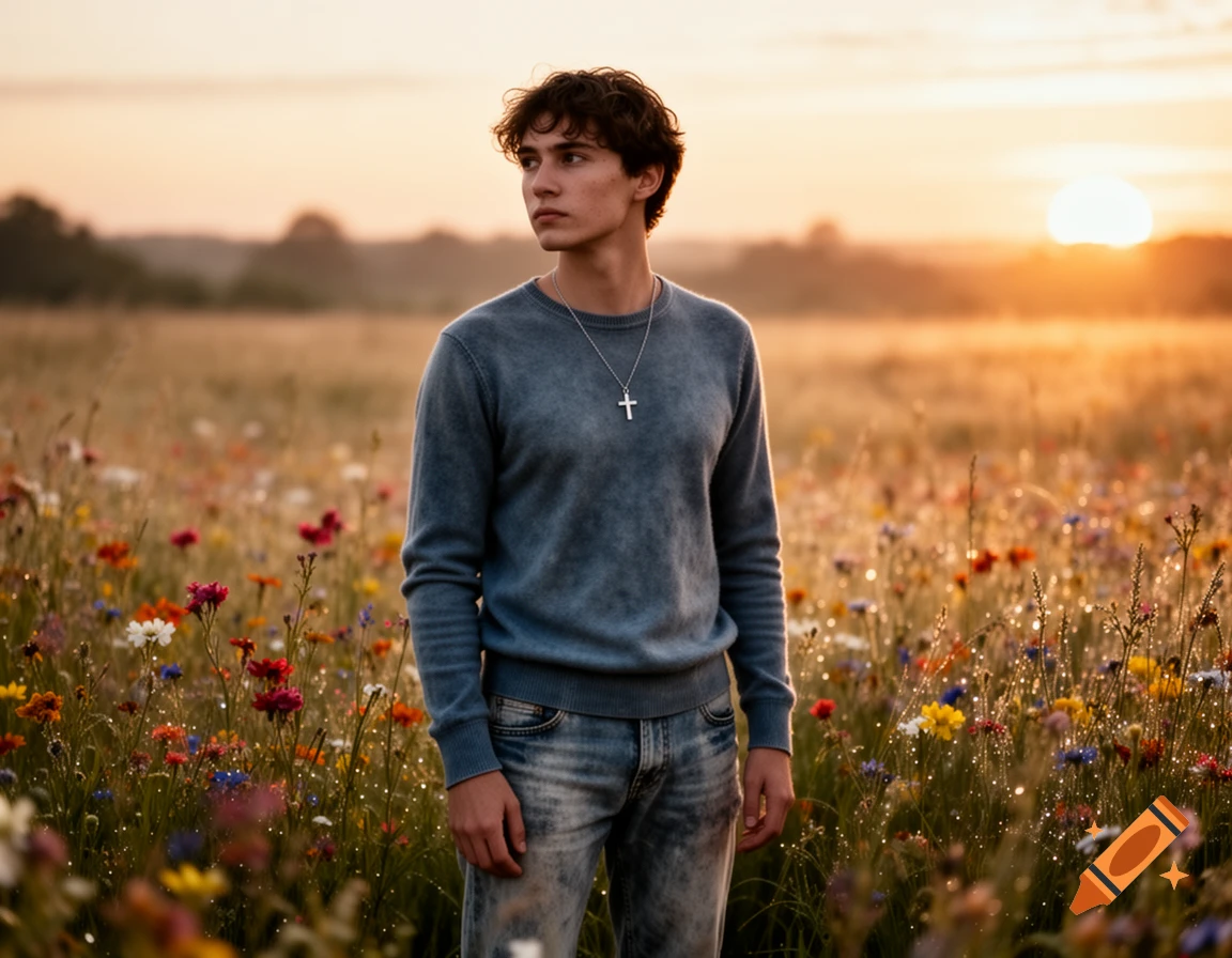 A young man with curly hair and a cross necklace stands in a vibrant wildflower field at sunset, looking to the side.
