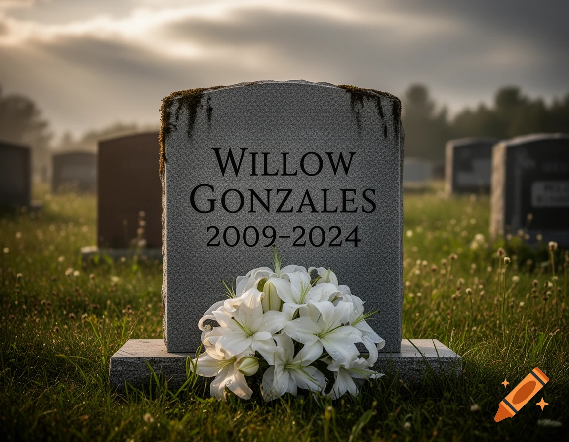 Photorealistic image of a granite tombstone with 'Willow Gonzales 2009-2024' inscribed, adorned with white lilies in a misty graveyard.