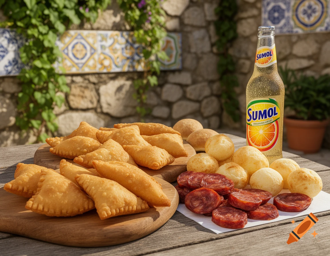 A bottle of Sumol soda, Portuguese pastries, cheese bread, and sliced chouriço on a wooden table outdoors.